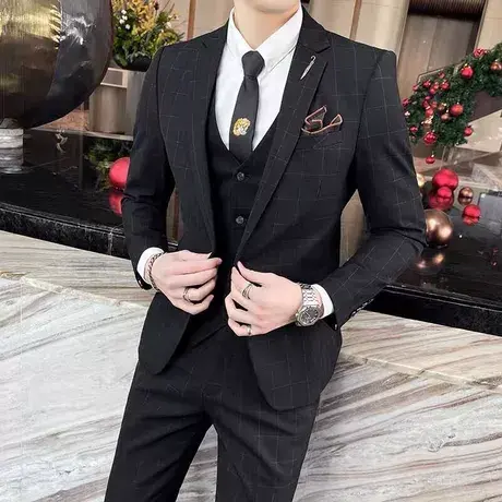 西服男修身韩版商务正装高级感结婚新郎伴郎礼服主持人西装三件套商品大图