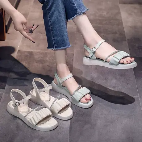 2023夏季新款女凉鞋平底韩版百搭配裙子一字扣带仙女风水钻鞋子商品大图