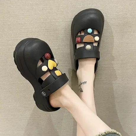 厚底增高洞洞鞋女夏季外穿时尚彩色石头两穿防滑踩屎感包头凉拖鞋商品大图