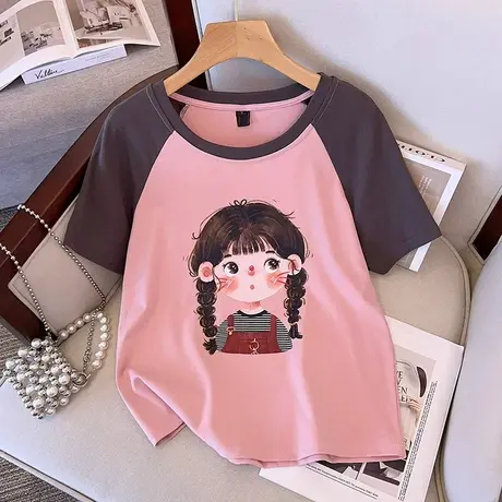 撞色插肩短袖卡通T恤女装夏季大码胖mm洋气减龄显瘦遮肚上衣200斤商品大图