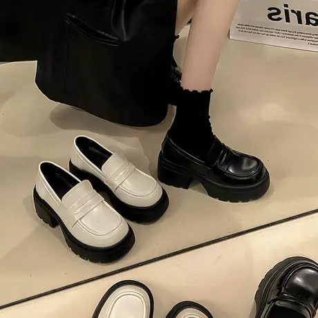 高跟百搭乐福鞋女2024新款春秋一脚蹬粗跟通勤高级感英伦风小皮鞋商品大图