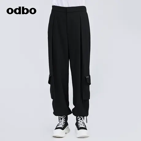 odbo/欧迪比欧工装风大口袋黑色休闲裤女春季新款垂感束脚运动裤商品大图