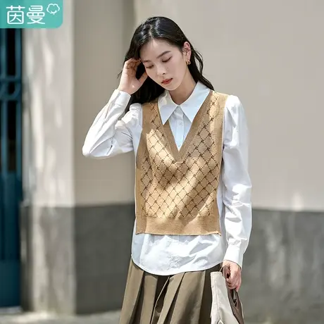 茵曼2023春女装新款翻领泡泡袖毛织提花工艺宽松假两件拼接衬衫图片