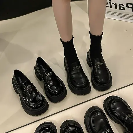 永希乐福鞋女2024春秋季jk网红粗跟单鞋高跟配裙子时尚英伦小皮鞋图片