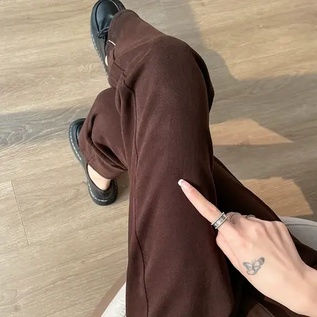 咖色开叉直筒牛仔裤女2023年春季新款高腰宽松显瘦复古九分烟管裤商品大图