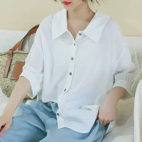 云子胖妹妹复古宽松天丝棉衬衫 加大码2023夏季新款五分袖衬衣商品大图