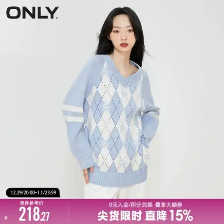 ONLY冬季复古学院风菱格宽松v领上衣针织衫女|122413045图片