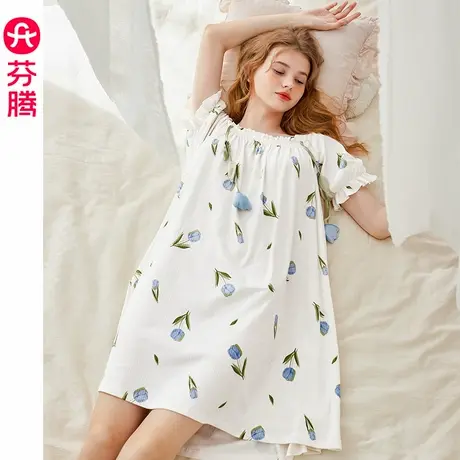 芬腾女士睡裙夏季纯棉短袖薄款睡衣裙女款清新休闲大码家居服中裙图片