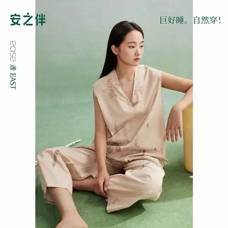 安之伴【梭织棉布】睡衣女款夏季复古无袖背心长裤纯棉家居服套装商品大图