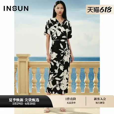 【桑蚕丝】INSUN恩裳专选夏季气质捏褶桑蚕丝印花半身裙图片