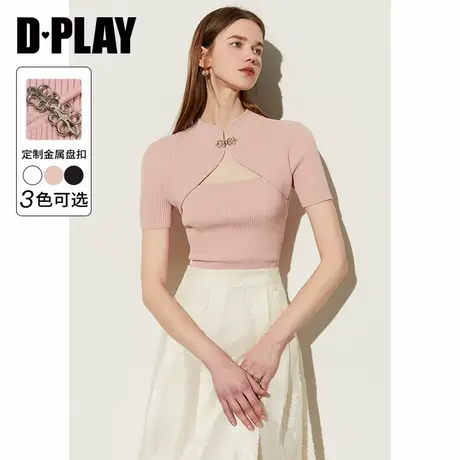 DPLAY夏新中式粉色立领胸口镂空金属蝴蝶盘扣短袖国风针织衫女商品大图