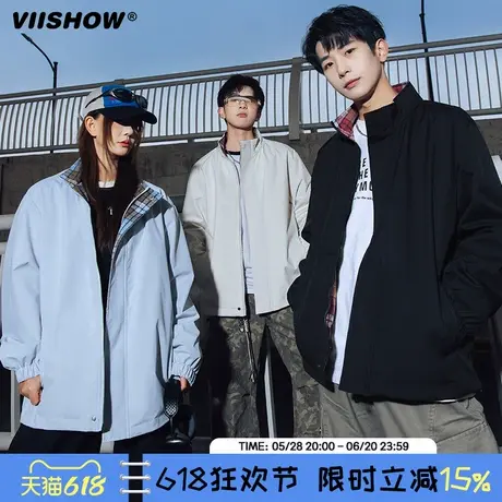 VIISHOW美式格纹立领夹克外套男2025年春休闲潮牌痞帅宽松棒球服商品大图