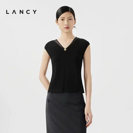 LANCY/朗姿2024夏季新款设计感V领无袖针织衫女高级感修身套头衫图片