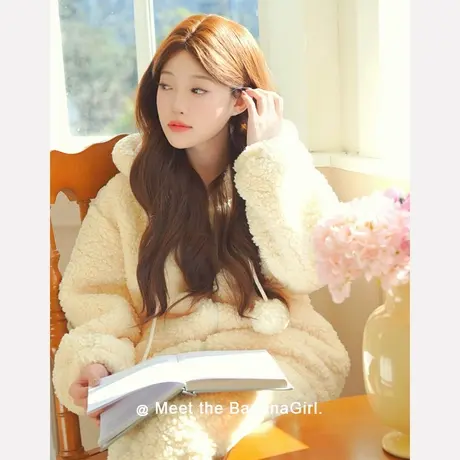 Bananagirl睡衣女新款冬季加厚加绒连帽简约大码女士家居服可外穿商品大图