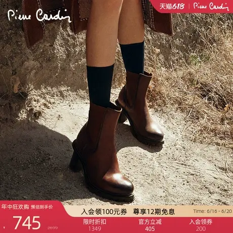 Pierre Cardin/皮尔卡丹女鞋小牛皮粗跟皮靴真皮高跟切尔西靴图片