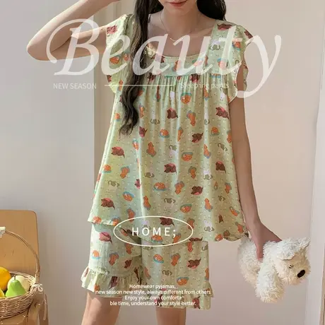 俞兆林棉绸睡衣女夏洋气大码空调服家居服甜美可外穿碎花绵绸套装图片