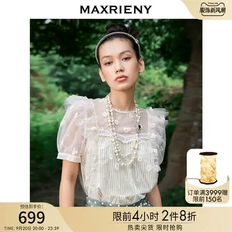MAXRIENY网纱条纹上衣夏季设计感蕾丝衫短袖小衫商品大图