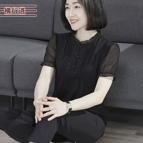 2023夏季新款简约淑女立领拼雪纺花边合体短袖T恤女外穿上衣大码商品大图
