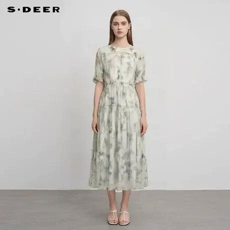 sdeer圣迪奥女装圆领木耳边印花收腰网纱连衣裙S242Z12V2图片