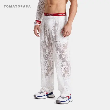 TOMATOPAPA高定蕾丝直筒长裤男性感弹力微透宽松显瘦垂感休闲裤子商品大图