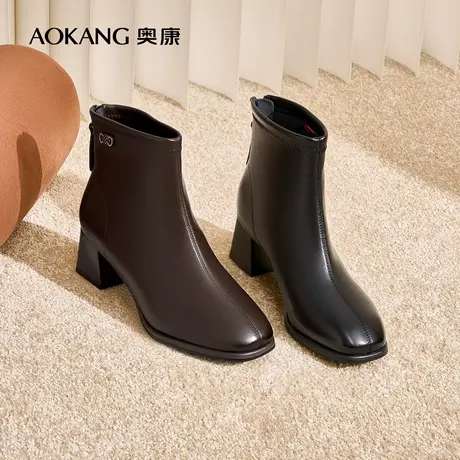 奥康女鞋秋冬季新款复古小方头中筒时装靴舒适粗跟不累脚增高商品大图