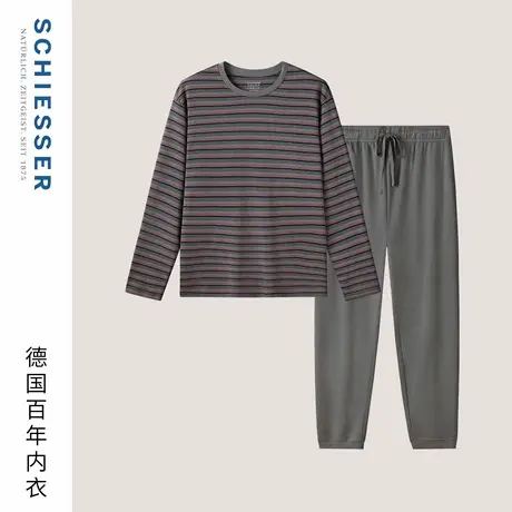 SCHIESSER舒雅25年早秋新品男士纯棉条纹圆领大码睡衣家居服套装商品大图