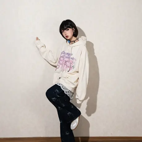 YEP复古韩系蝴蝶结印花连帽卫衣女春秋新款宽松加厚帽衫外套加绒商品大图
