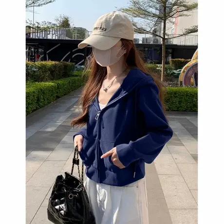 初秋短款卫衣外套女2025新款藏蓝色休闲运动开衫薄款连帽拉链上衣商品大图