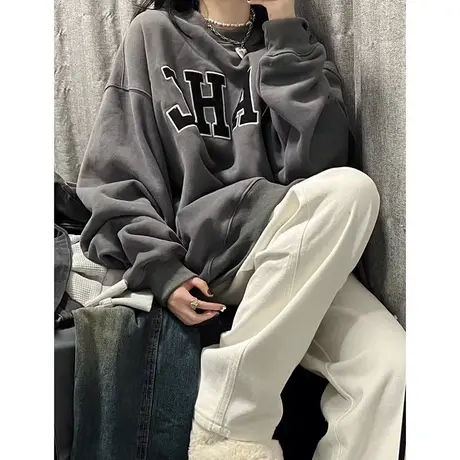 bf慵懒风薄款圆领卫衣女早秋韩版宽松显瘦美式复古ins潮上衣长袖商品大图