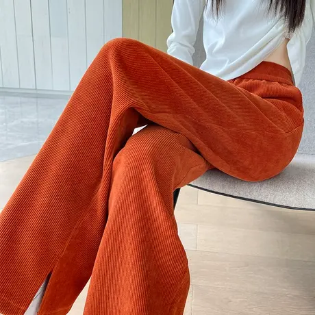 开叉灯芯绒阔腿裤女秋冬南瓜色高腰显瘦宽松休闲加厚直筒阔腿裤子商品大图