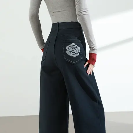 国风绣花牛仔阔腿裤女2025新款春秋季高腰直筒宽松垂感显瘦拖地李商品大图