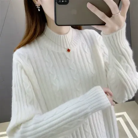奶fufu软糯白色半高领毛衣打底衫女内搭秋冬加厚新款麻花针织上衣图片