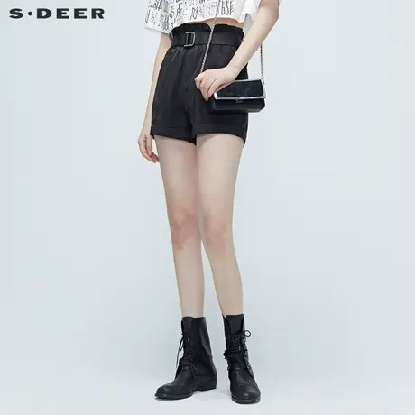 sdeer 圣迪奥 松紧高腰纯黑短裤S20280902商品大图