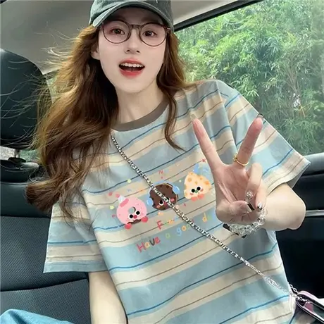 卡通印花条纹短袖t恤女2025新款爆夏季美式复古潮牌宽松显瘦上衣图片