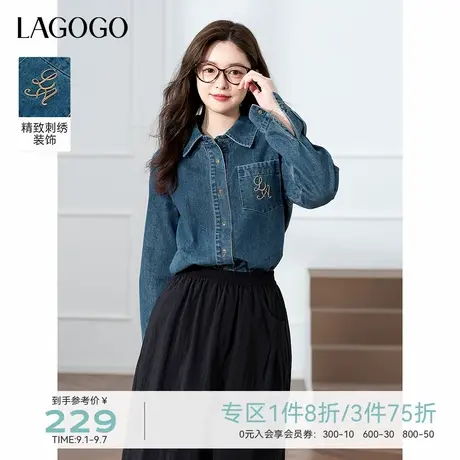 LAGOGO复古丹宁挺括牛仔衬衫女拉谷谷2025年秋季新款刺绣长袖上衣图片