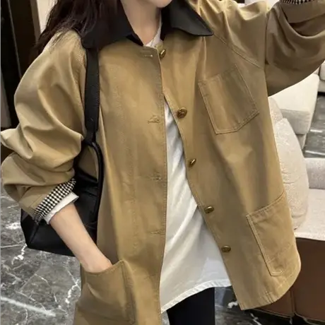 格纹拼接袖撞色拼接风衣外套2025早秋新款高级感宽减龄松显瘦上衣商品大图