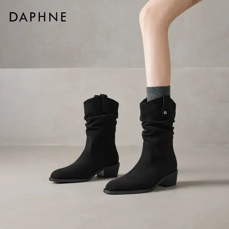 达芙妮黑色靴子女2025新款秋季粗跟尖头中筒靴复古堆堆靴马丁靴图片