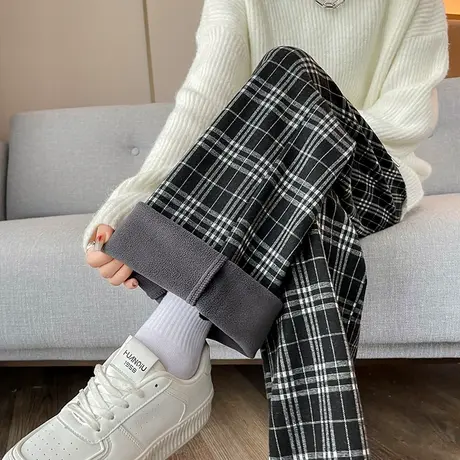 黑白格子阔腿裤女高腰垂感2023年秋冬新款宽松加绒加厚直筒休闲裤商品大图