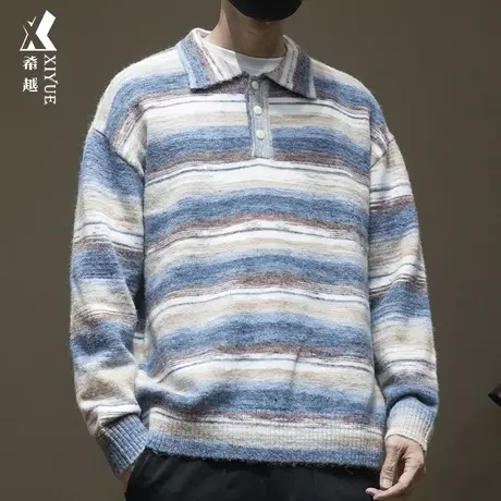 希越高级感渐变POLO领毛衣男士秋冬宽松大码翻领撞色套头针织衫潮商品大图
