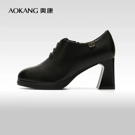 【门店发货】奥康女鞋 春秋款时尚粗高跟通勤单鞋皮鞋黑色工作鞋图片