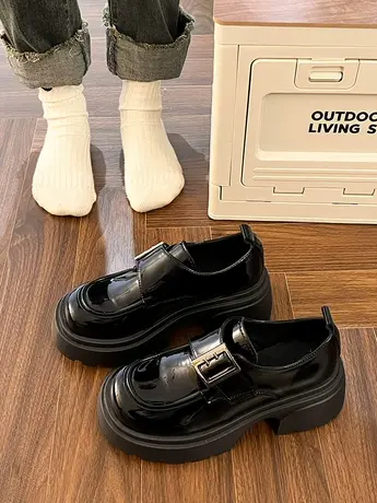 英伦风小皮鞋女2023新款秋季百搭漆皮圆头增高厚底配裙子乐福单鞋商品大图