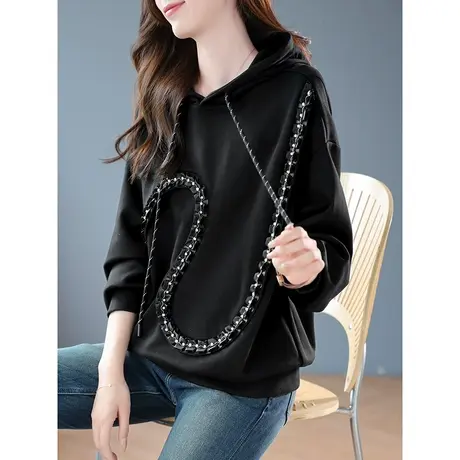 宝诗黎了连帽钉珠落肩长袖卫衣宽松套头上衣2023早秋新款慵懒女装商品大图