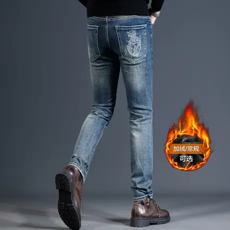 香港加绒牛仔裤男冬季2023新款修身小脚弹力百搭男士长裤子秋冬款图片