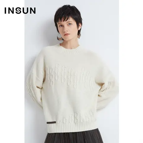 恩裳商场同款2022冬季经典暖白色不规则绞花羊绒羊毛宽松毛衣商品大图