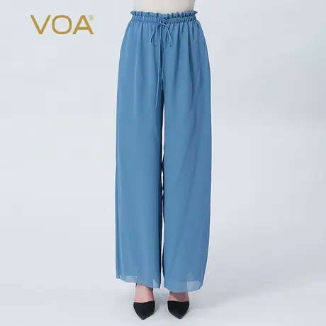 VOA真丝乔其鸢尾蓝木耳边抽绳绑带设计轻薄飘逸桑蚕丝双层直筒裤图片