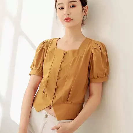 桔熊夏季复古小衫方领泡泡袖设计感下摆短款上衣女大码AB17232商品大图