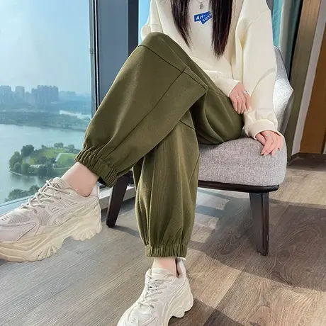 绿色束脚运动裤女春秋2024新款裤子高腰显瘦宽松休闲哈伦灯笼卫裤商品大图