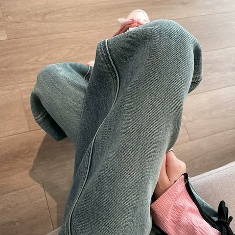 复古窄版阔腿牛仔裤女2024年春秋季新款做旧宽松高腰直筒加长裤子图片