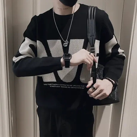 宽松休闲字母提花毛衣男秋冬新款ins重磅加厚潮牌个性内搭打底衫商品大图