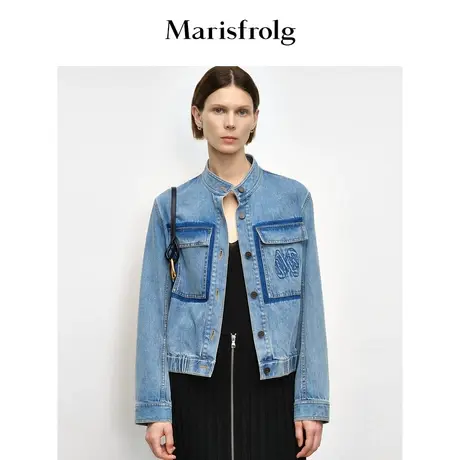 【商场同款】玛丝菲尔2023年秋季新款蓝色短款渐变洗水夹克外套商品大图